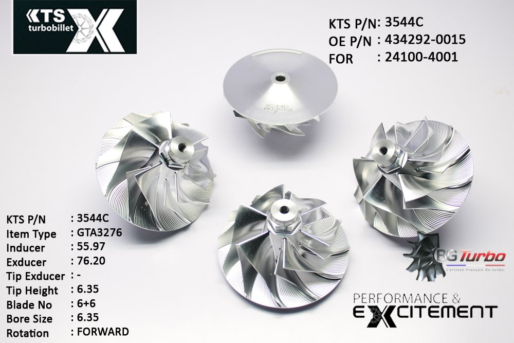 Turbo ROUE FORGÉE MFS PERFORMANCE - 6+6 PALES - INDUCER : 55,99 - EXDUCER : 76,2 - TYPE : GTA3276ANGLE : 60° - ROTATION : Forward - SUPER BACK : 4,57 - BORE SIZE : 6,35
